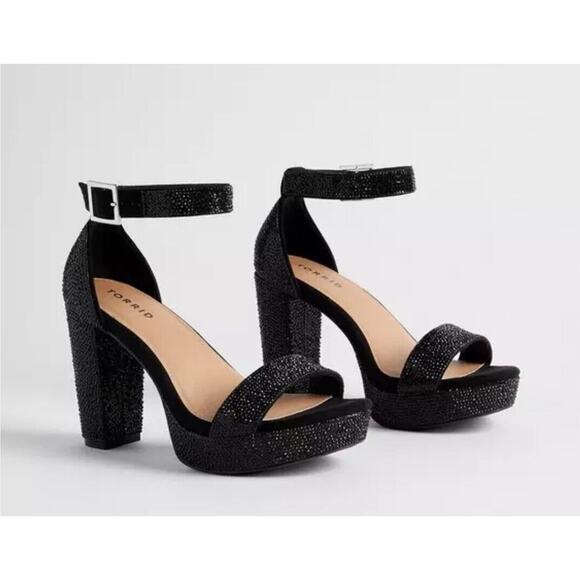 Torrid Embellished Platform Heels 10.5 WW Ankle Strap Black Sparkle Chunky - Picture 1 of 7